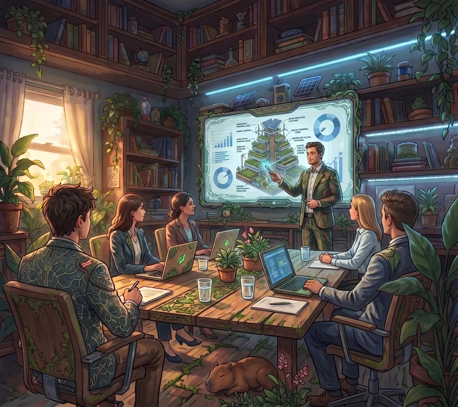 ทีมที่ปรึกษา Bacon Hunter ประชุมออกแบบ IT infrastructure strategy พร้อม architecture diagram — บริการวางระบบ network, CCTV, server, cloud แบบ end-to-end สำหรับ SME และองค์กรทั่วประเทศไทย